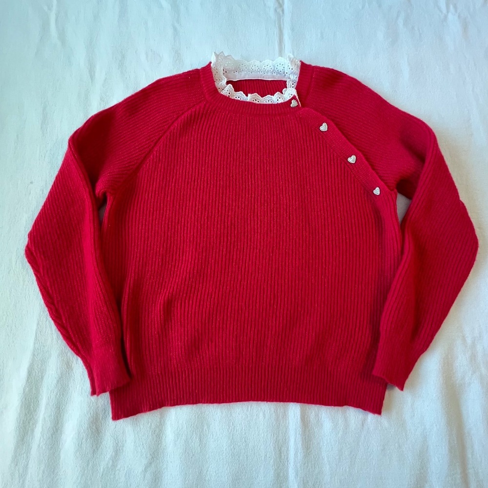 Women's Red Ribbed Knit Sweater with Lace Collar and Rhinestone Heart Buttons‎ - Picture 5 of 10